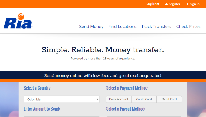 Ria Financial digital money transfer website